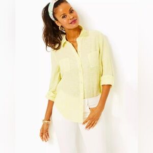 NWT Lilly Pulitzer Sea View Linen Button Down Top Finch Yellow Size XL